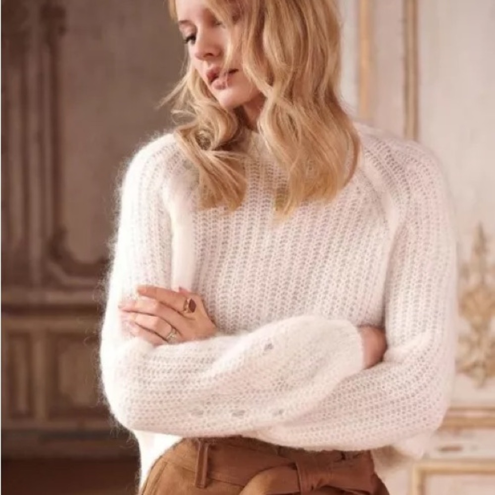 NWOT Sezane Dwee Fancy Knit Mohair Wool Jumper Sweater in Ecru Size M